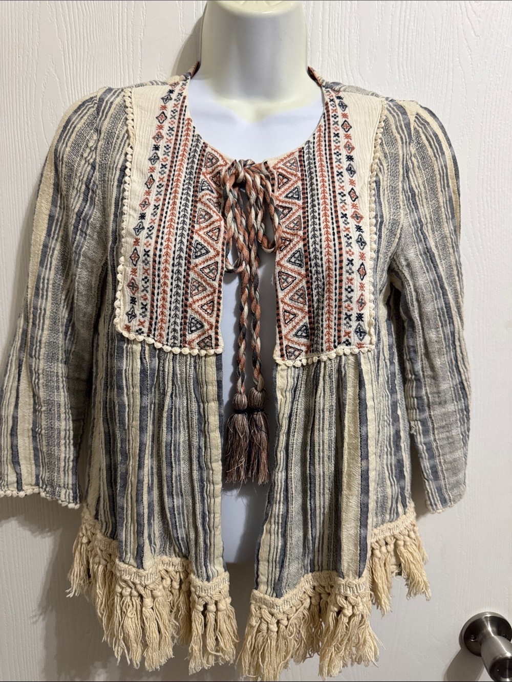 Knox Rose Boho Open Front Tassel Cardigan Fringe Stripes Geometric Embroidery S